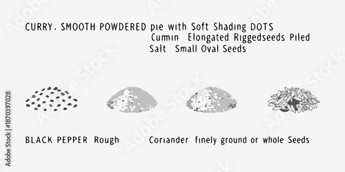 Illustrative depiction of various spices with textural details and labeling