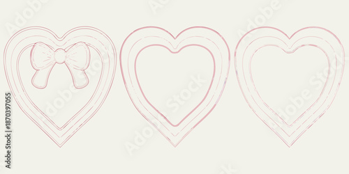Three delicate pink heart outlines with a bow in the first heart