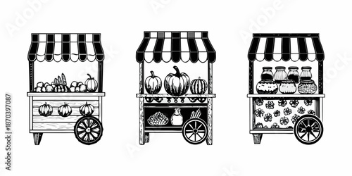 Three vintage market stalls displaying produce pumpkins and preserves