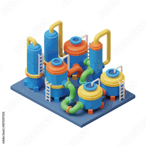 Isometric illustration of an industrial chemical plant with blue and orange tanks and yellow pipes on a gray platform