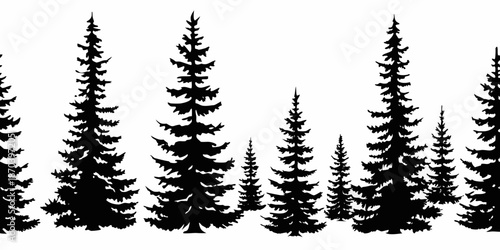 Silhouette of a dense forest with various evergreen trees against a white background