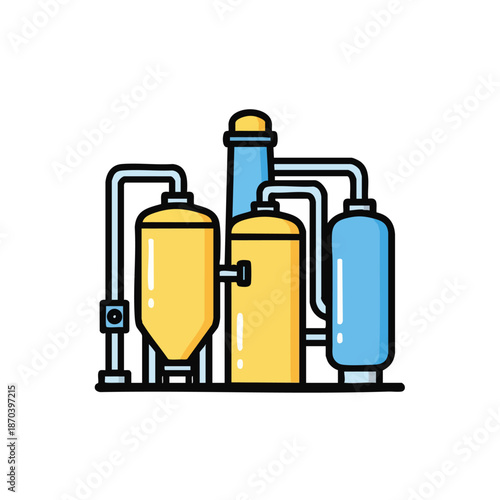 Modern industrial factory with tanks and pipes, stylized flat icon illustration