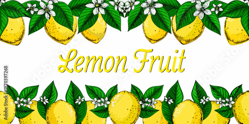 A decorative border of lemons blossoms and green leaves illustration