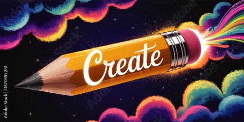 Vibrant creative pencil illustration with colorful clouds and rainbow sparks on dark starry background, inspirational art poster