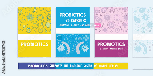 Colorful probiotic supplement packaging designs with microbial illustrations