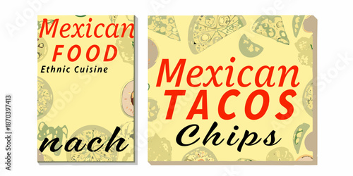 Colorful depictions of mexican food tacos nachos and chips on yellow backgrounds