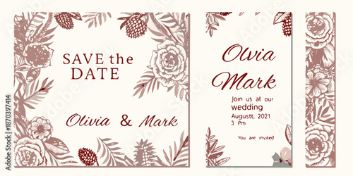Elegant floral save the date cards with pinecones and rose designs