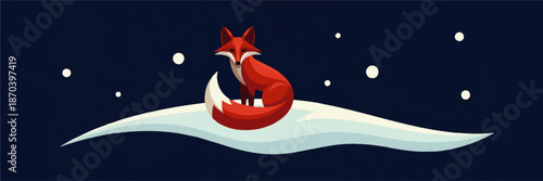 Red fox sitting on snowy hill under night sky, minimalist winter animal illustration, arctic landscape banner background
