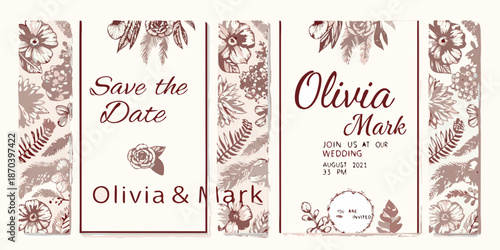 Floral wedding save the date cards with names and event details