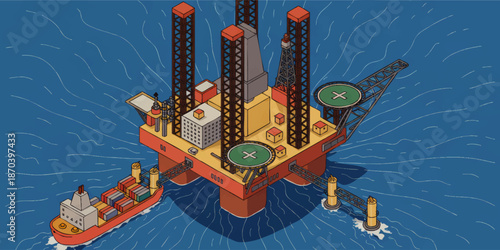 Offshore oil rig platform with cargo ship, helicopter pads and industrial construction on blue ocean, isometric energy industry illustration