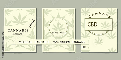 Cannabis product packaging designs featuring marijuana leaves and branding elements