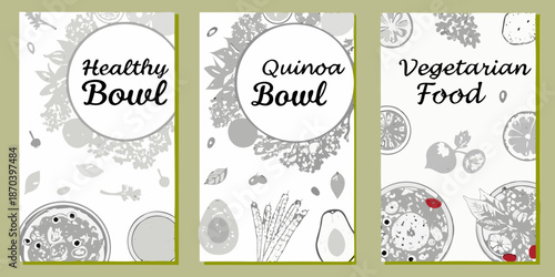 Decorative banners advertising healthy bowls quinoa and vegetarian food options