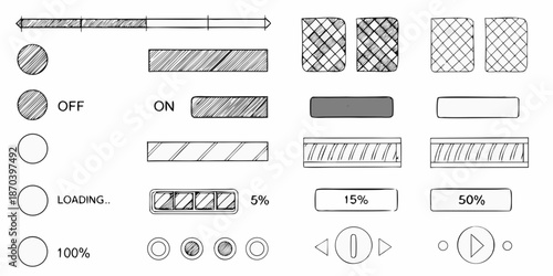 Collection of loading indicators switches and progress bar designs in black and white