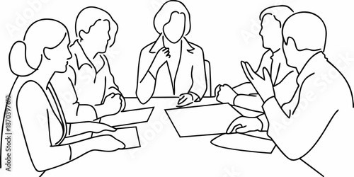 A group of people having a meeting around a table sketched in black and white