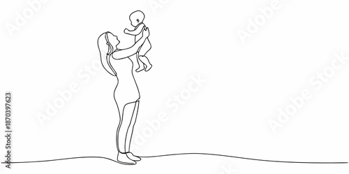 A mother gently lifting her baby in a single continuous line drawing