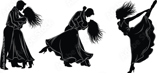 Passionate ballroom dance couple silhouette vector showing tango and waltz moves for romantic performance, music, elegance and art design concepts.