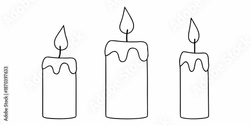 Simple line drawing of three lit candles with dripping wax details