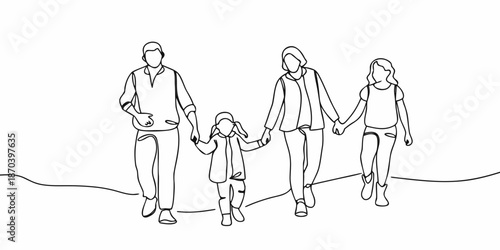 A family of four walking together depicted in a continuous line drawing style