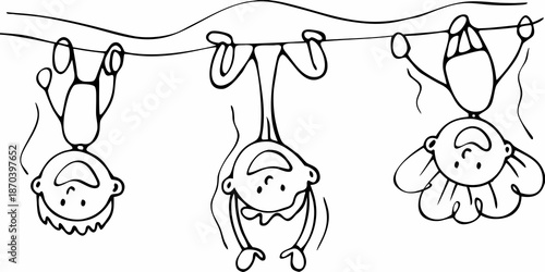 Simple black and white drawing of children hanging upside down from a line