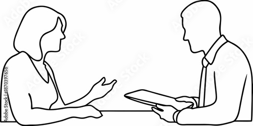 A simple line drawing depicts a conversation between two individuals seated facing each other