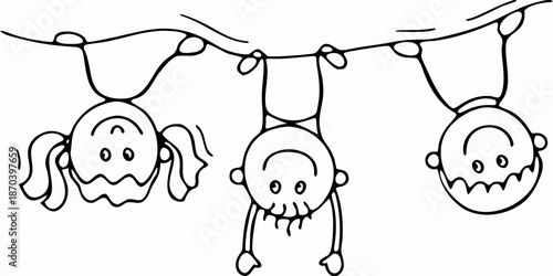 A simple black and white drawing of four smiling monkeys hanging upside down