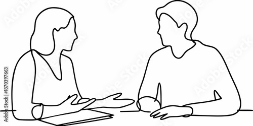 A minimalist line drawing depicting two people in a conversation