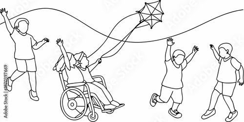 Children joyfully flying a diamond kite including a child in a wheelchair