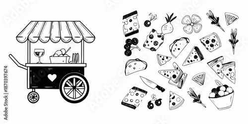 Black and white illustration of a food cart with various pizza and cheese elements
