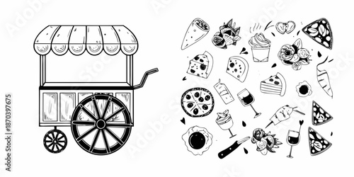 Vintage food cart illustration with various pizza dessert and drink sketches