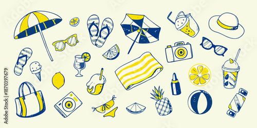 Summer vacation essentials beach items like umbrellas sunglasses and fruity drinks