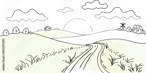 A gentle landscape drawing featuring rolling hills a winding path and fluffy clouds