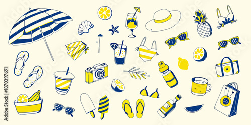 Summer elements illustration beach accessories drinks and fruits in yellow and blue