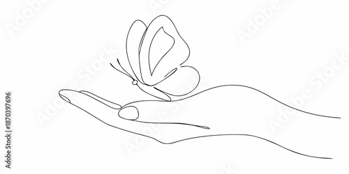 A delicate butterfly rests gently on an open human hand line art