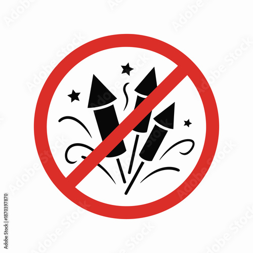 No Fireworks Symbol Prohibition Sign, red forbidden firecracker warning icon for safety regulations, festival control and public area restrictions.