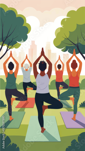 Diverse group practicing outdoor yoga in city park, women doing tree pose on colorful mats, healthy lifestyle wellness illustration