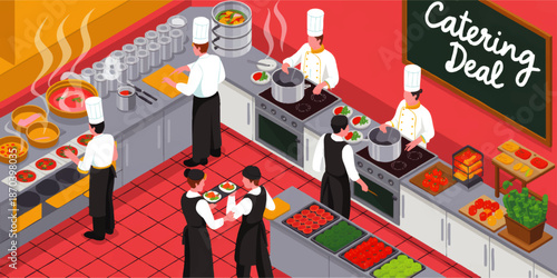 Isometric professional catering kitchen with chefs preparing meals and restaurant staff serving food for special event deal