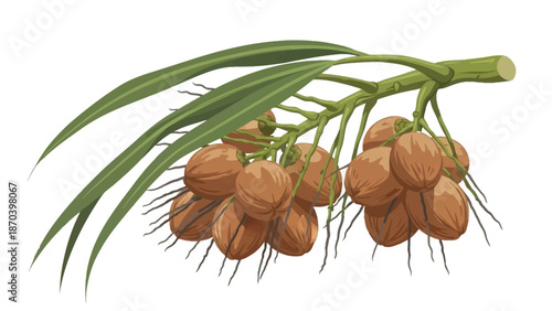 Illustration of a branch with coconuts and long green leaves on a white background