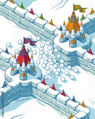 Winter snowball battle fortress illustration with colorful fantasy castles, icy stone walls and playful cartoon snowy landscape
