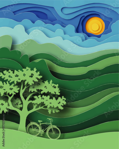 Paper cut landscape with bicycle under tree in green hills, layered nature background with bright sun and blue sky illustration