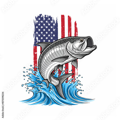 Tarpon fish jumping with American flag background in vintage illustration style