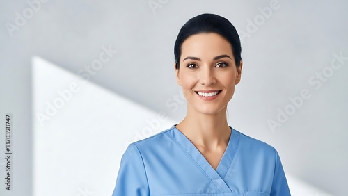 Smiling female healthcare professional in blue scrubs standing in a modern medical facility.