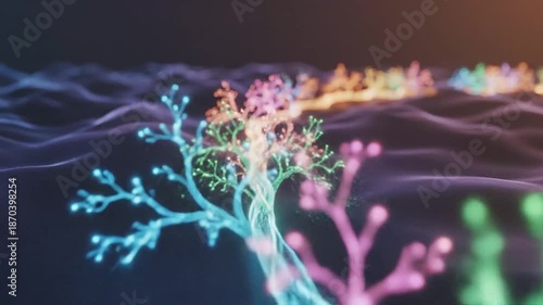 Abstract glowing neuron network with vibrant colors representing brain activity and digital connections.