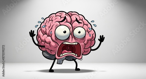 Brain cartoon expressing fear with exaggerated eyes and distressed expression