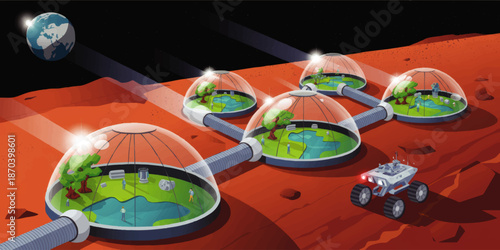 Futuristic Mars colony with connected biosphere domes, rover exploration vehicle and view of Earth in deep black space