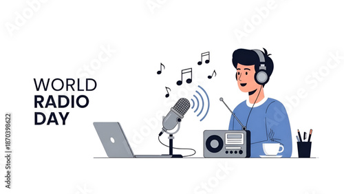 Radio broadcasting illustration for world radio day showing young host with microphone headphones music sound culture emotion communication and modern digital media use