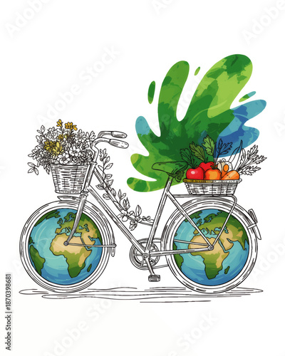 Eco friendly bicycle with earth wheels and organic food baskets, hand drawn green travel illustration with colorful watercolor splash