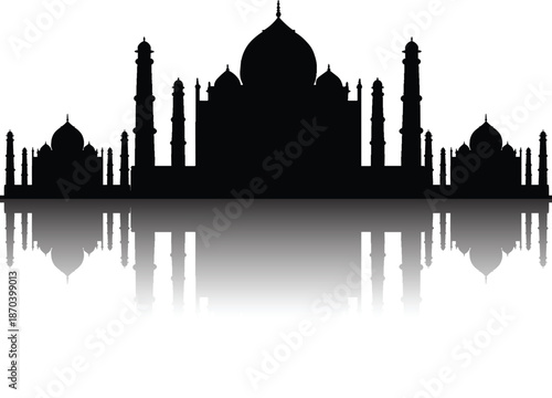 Black silhouette of the iconic Taj Mahal with its reflection, a famous monument and architectural marvel of India.