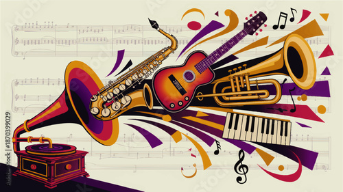Colorful jazz music instruments explosion with gramophone saxophone guitar trumpet and piano on abstract sheet music background