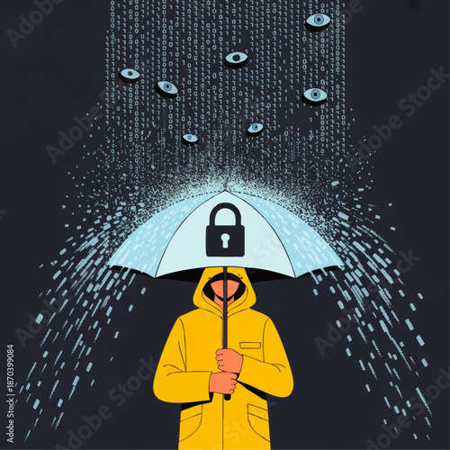 Cybersecurity protection concept with anonymous person under umbrella shield blocking data breach surveillance and privacy attack