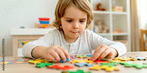 Educational toys for kids playing and learning at home. A child focused on assembling colorful puzzle pieces on a table.
